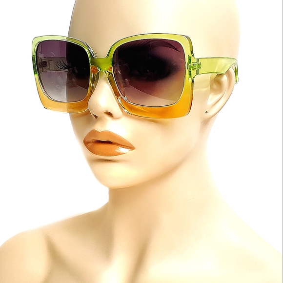 Square Large Green Orange Colorful Frames Sunglasses Unisex Trendy Cool Summer - Picture 4 of 5
